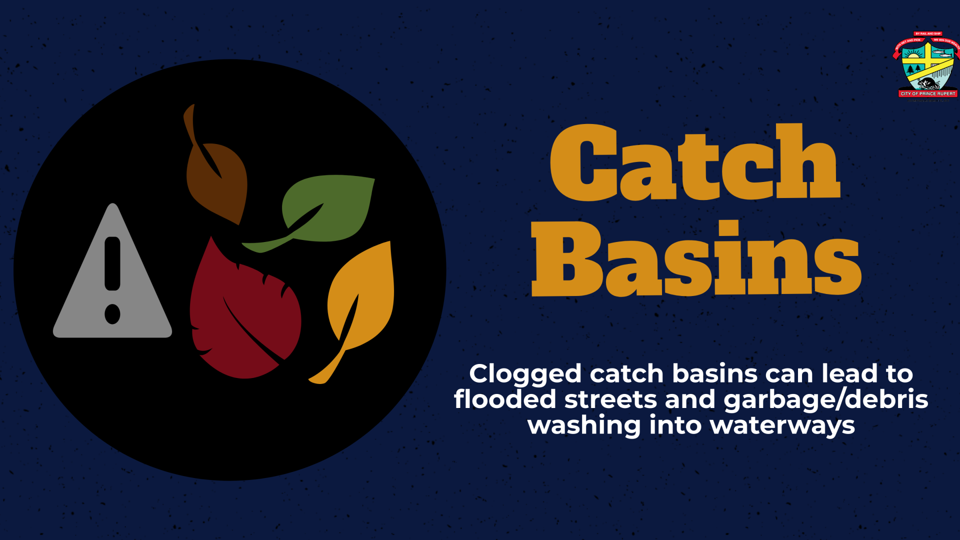 Colourful leaf icons next to text that reads "Catch Basins: Clogged catch basins can lead to flooded streets and garbage/debris washing into waterways"