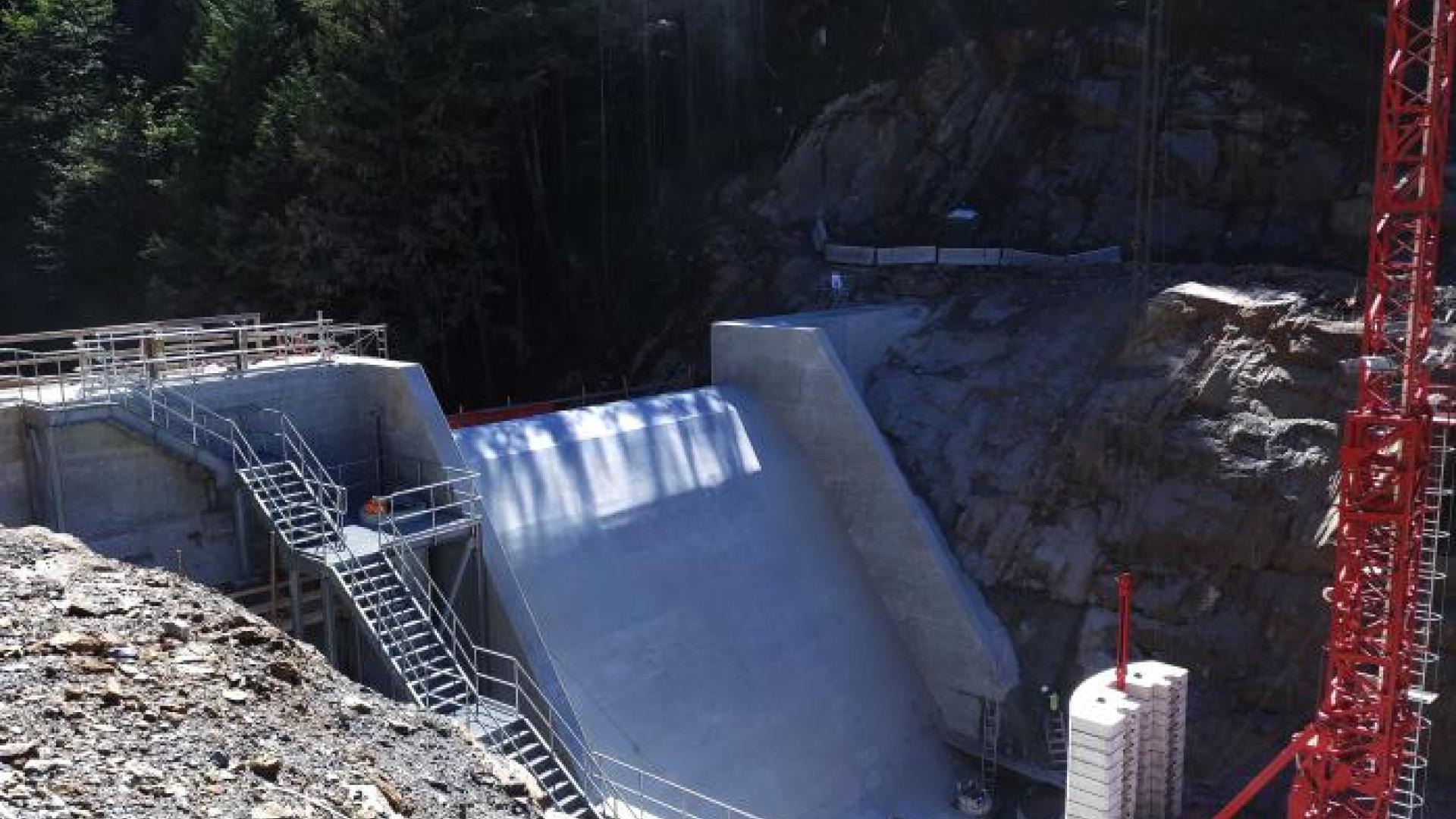 The complete spillway for the dam, which was finished in the fall and is now fully operational.