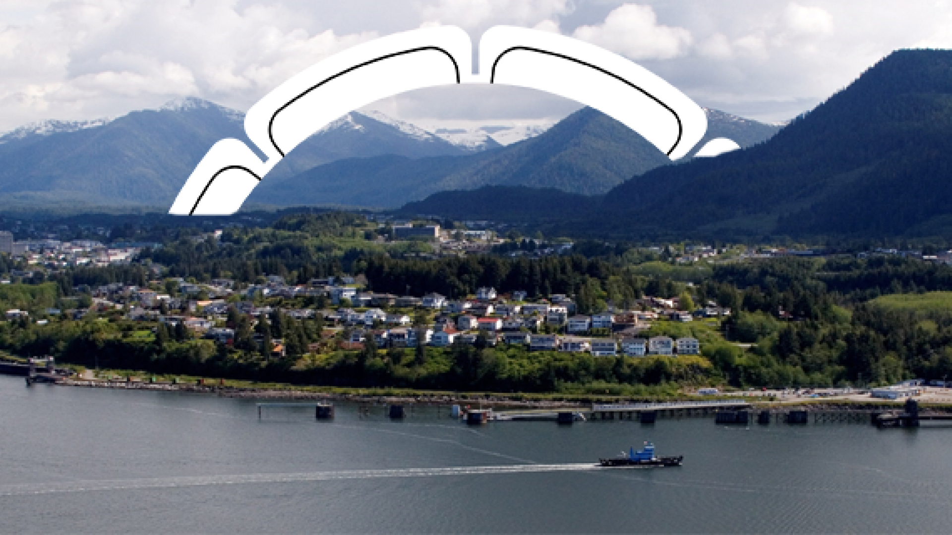 Aerial image of Prince Rupert airport ferry with branded rainbow arch in background