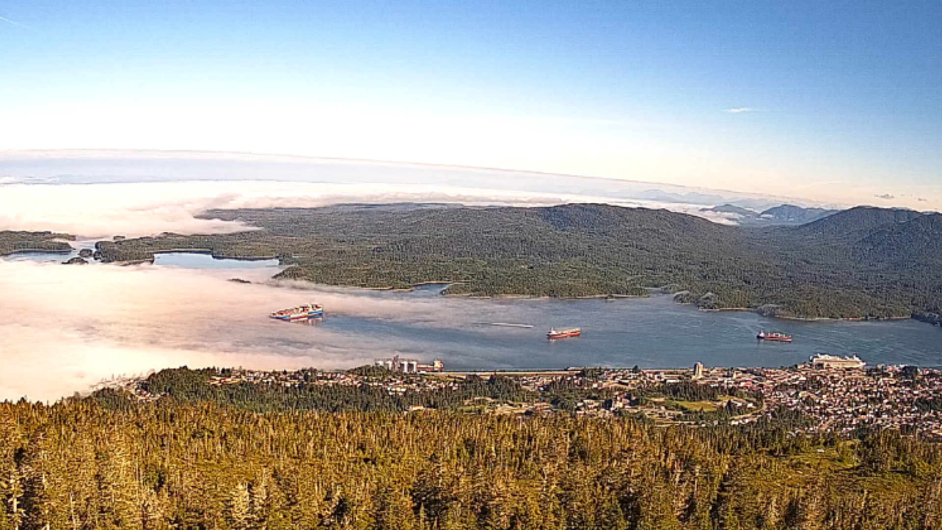 Aerial image of Prince Rupert with Cruise Ship coming out of fog