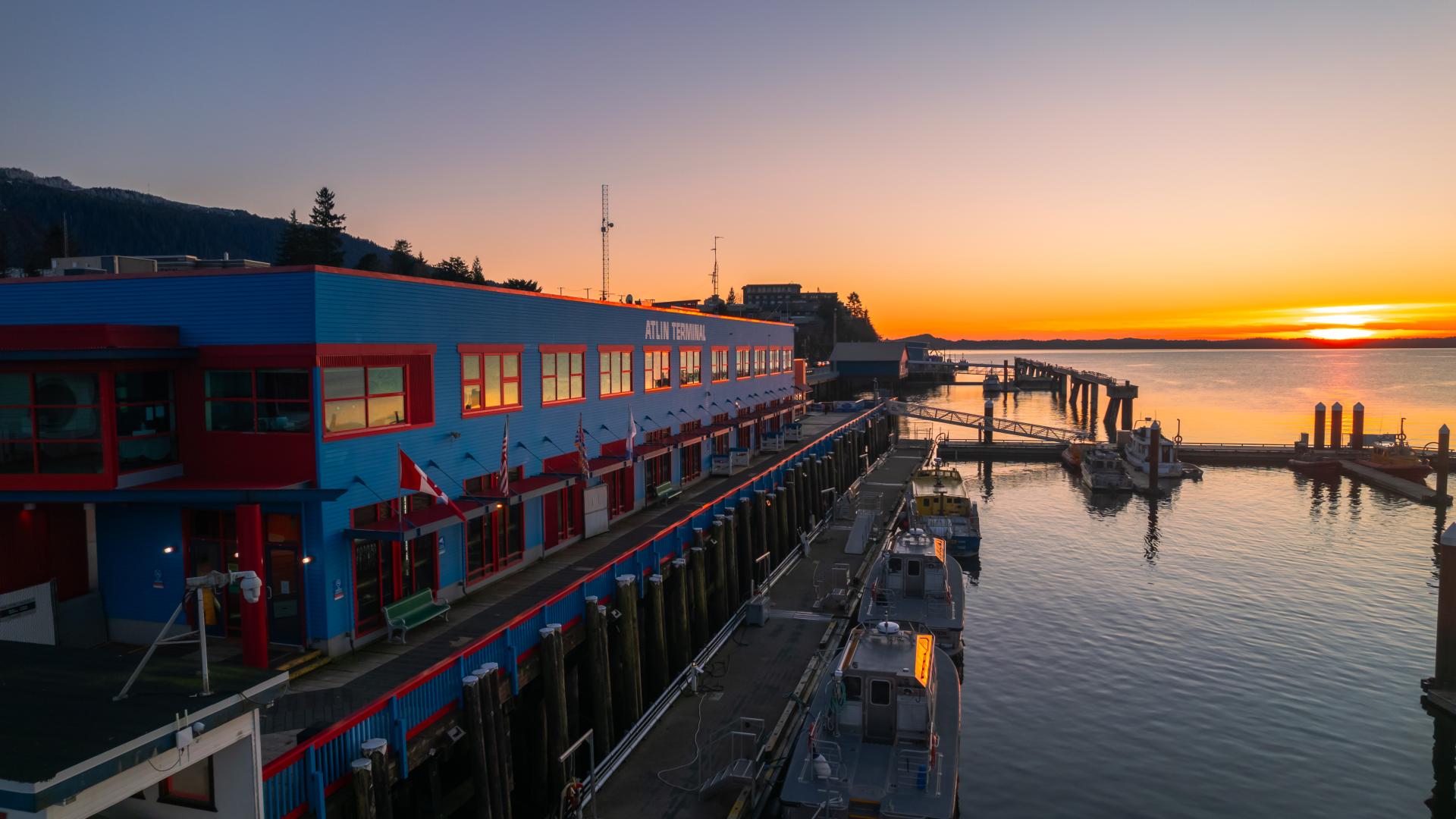 Sunset view of Atlin terminal from overhead