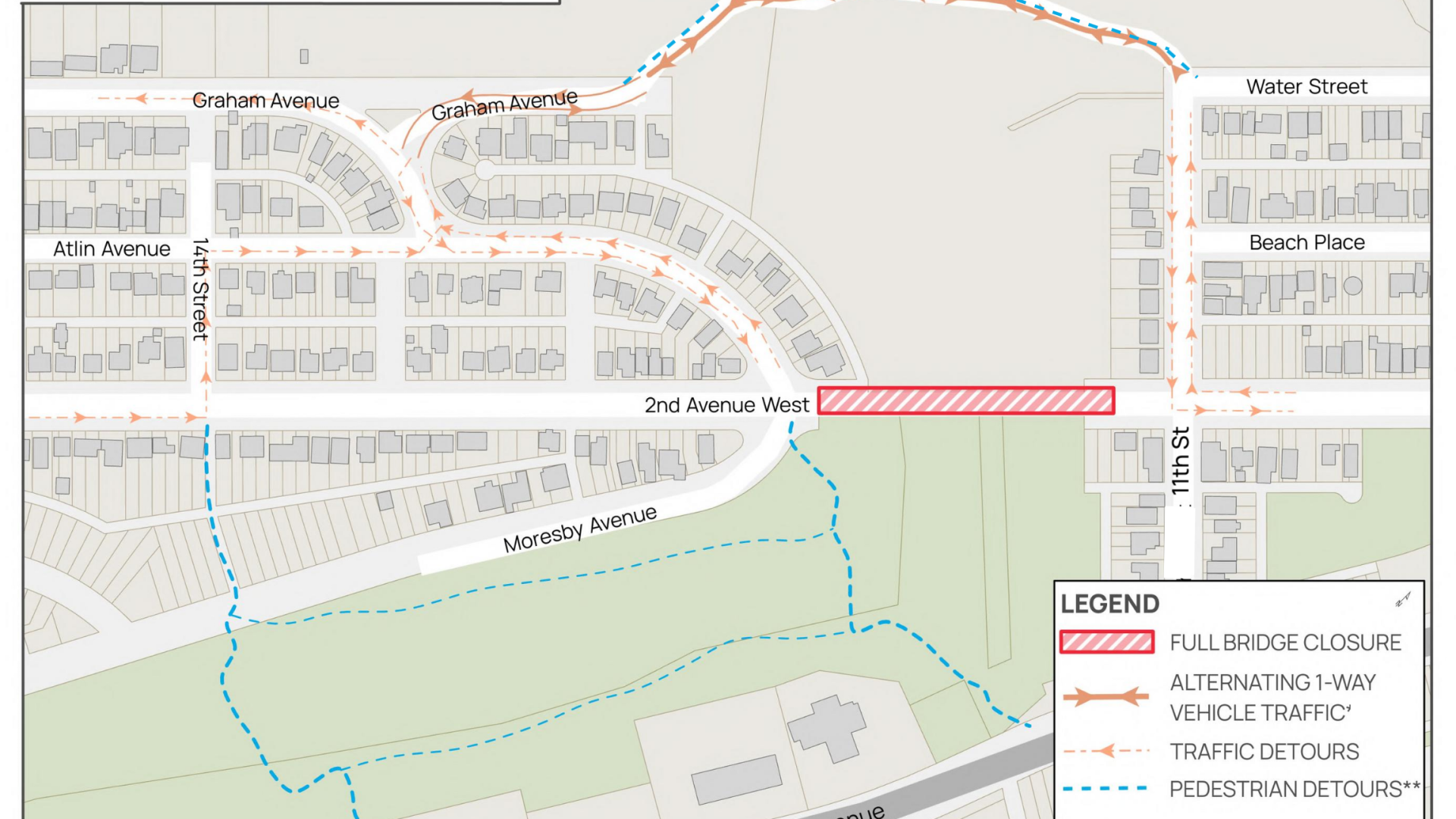 map of 2nd Ave bridge area showing alternate traffic routes for vehicles and pedestrians via Moresby Trail and the CN access Road at the bottom of Graham and 11th Streets