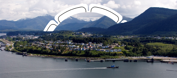 Aerial image of Prince Rupert airport ferry with branded rainbow arch in background