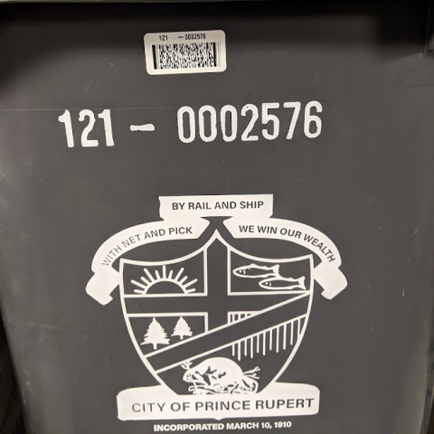 Bin serial number and Prince Rupert Coat of Arms stamped on a bin.