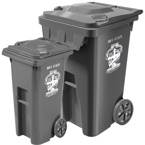 Prince Rupert black trash bins with coat of arms and serial number stamped on the side.