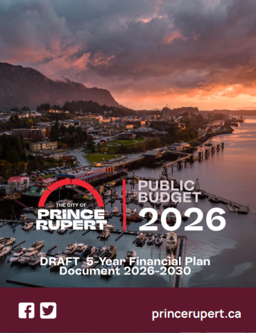 sunset over aerial of Prince Rupert harbour with document title 'Public Budget 2026' in foreground