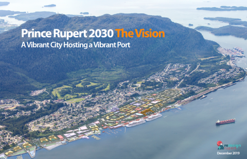 Graphic aerial depiction of Prince Rupert and harbour with potential future developments overlaid
