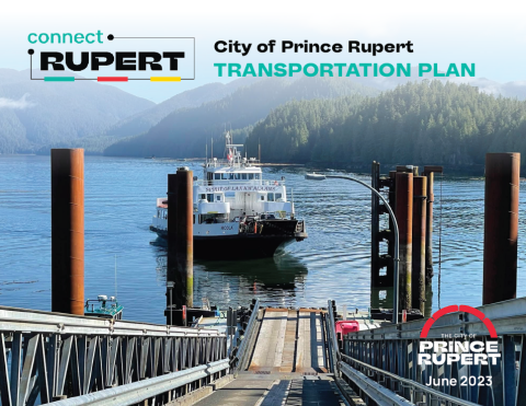 Cover of Transportation Plan showing Lax Kw'alaams ferry docking, publishing date of June 2023 and City logo