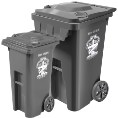 Prince Rupert black trash bins with coat of arms and serial number stamped on the side.