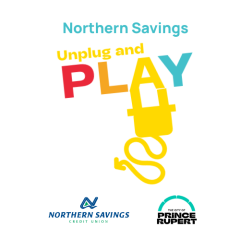 Northern Savings Unplug and Play Logo with a plug coming off of the word 'play' in colourful font and both the City and Northern Savings logos