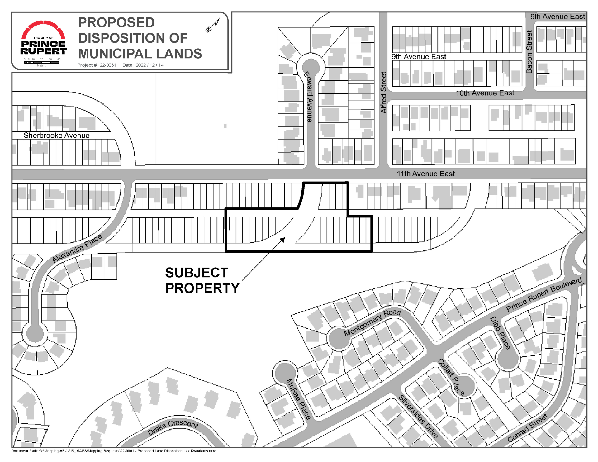 A map of the subject property for the disposition of municipal lands off 11th Avenue East.