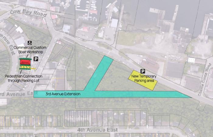A map showing the 3rd Avenue Extension and new temporary parking area. 