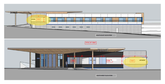 A diagram showing the location of the artwork, which will wrap around the front of the building (fronts onto McBride Street, bottom image) and onto the side of the building (which fronts onto 3rd Ave E). 