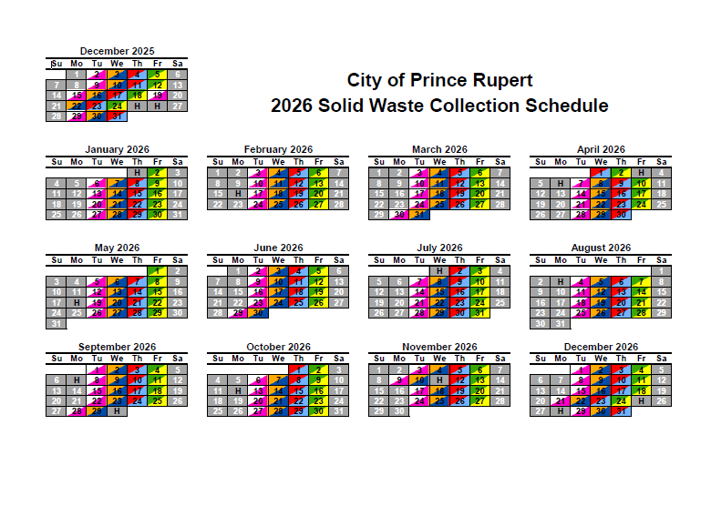 Schedule for 2026 waste pick up