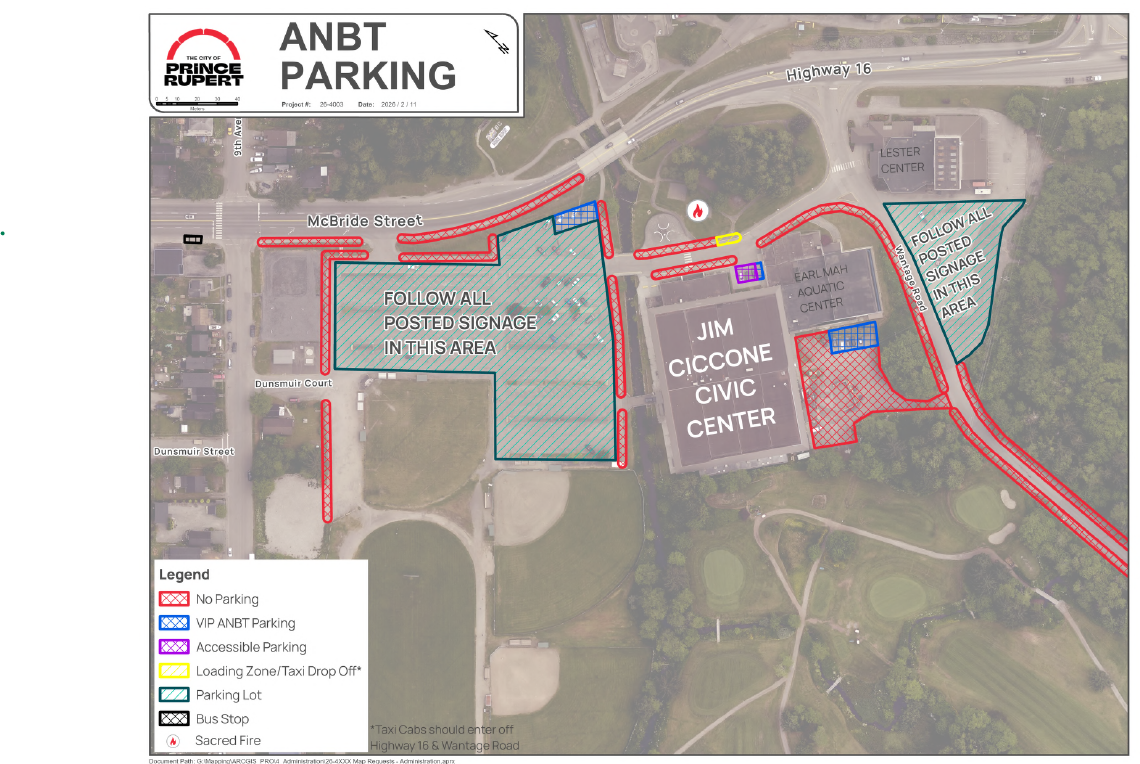 Map showing the different parking and no-parking, drop off areas around the Civic Centre