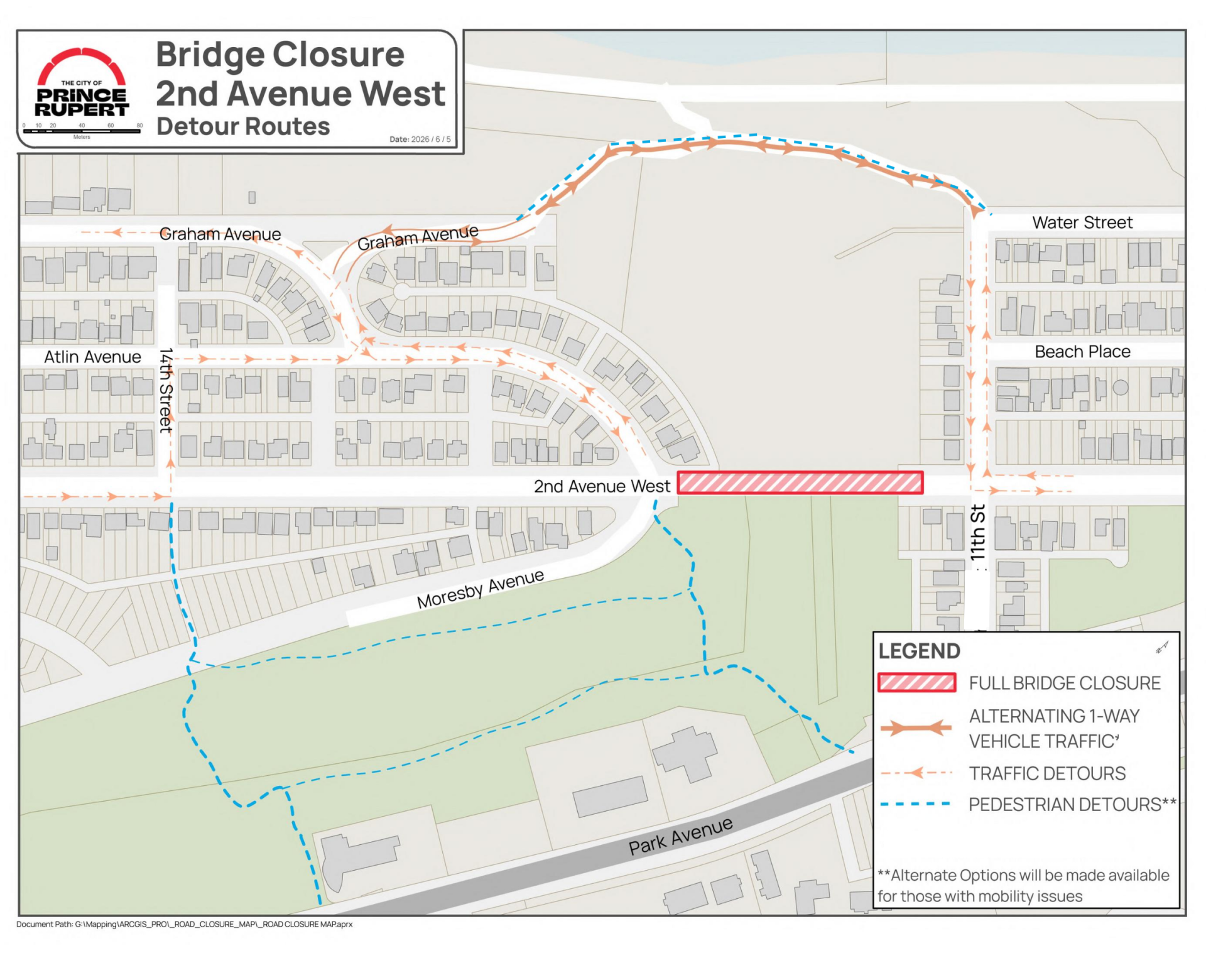 map of 2nd Ave bridge area showing alternate traffic routes for vehicles and pedestrians via Moresby Trail and the CN access Road at the bottom of Graham and 11th Streets