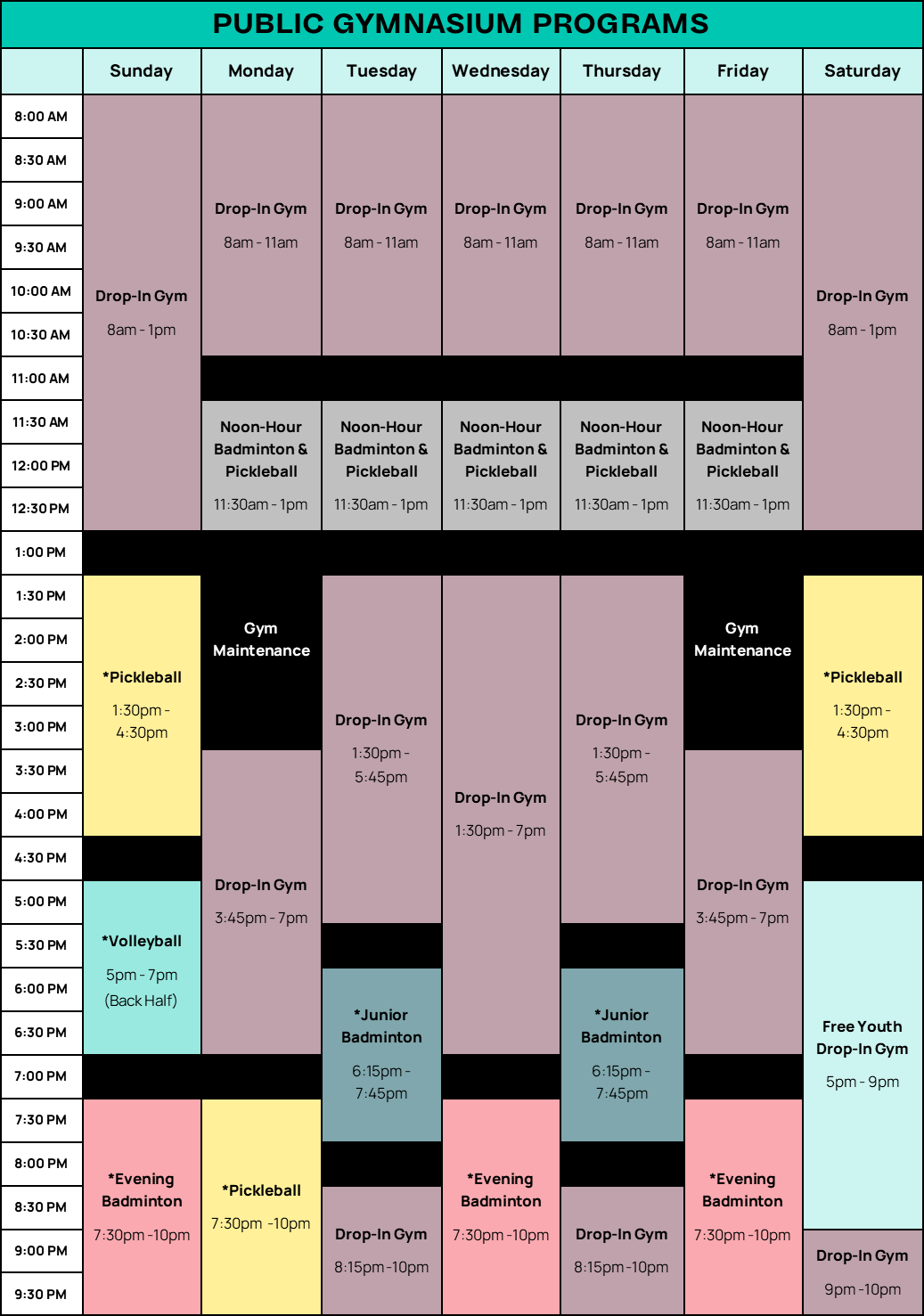 2026 Summer Gymnasium Schedule