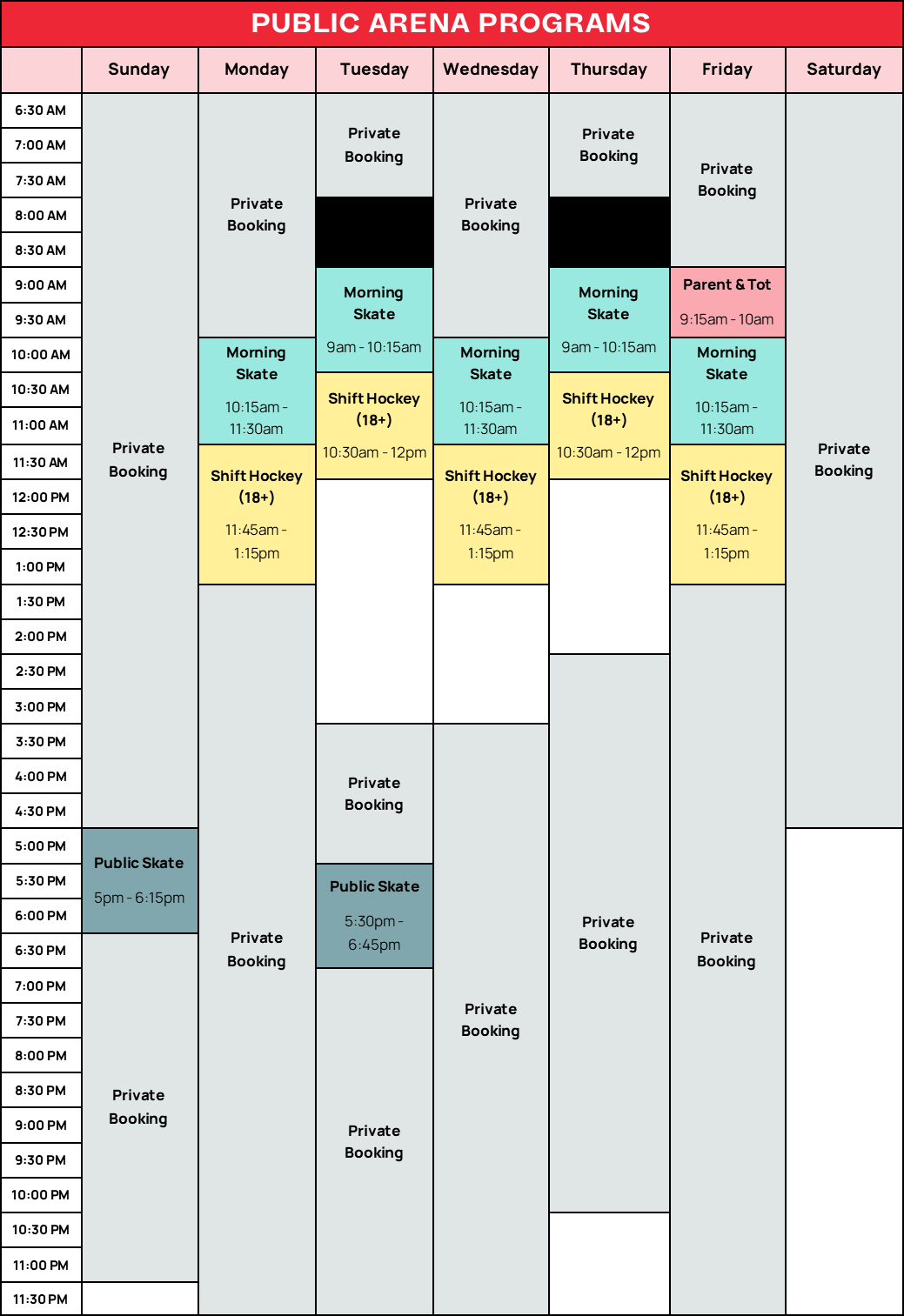 Fall 2026 Arena Schedule