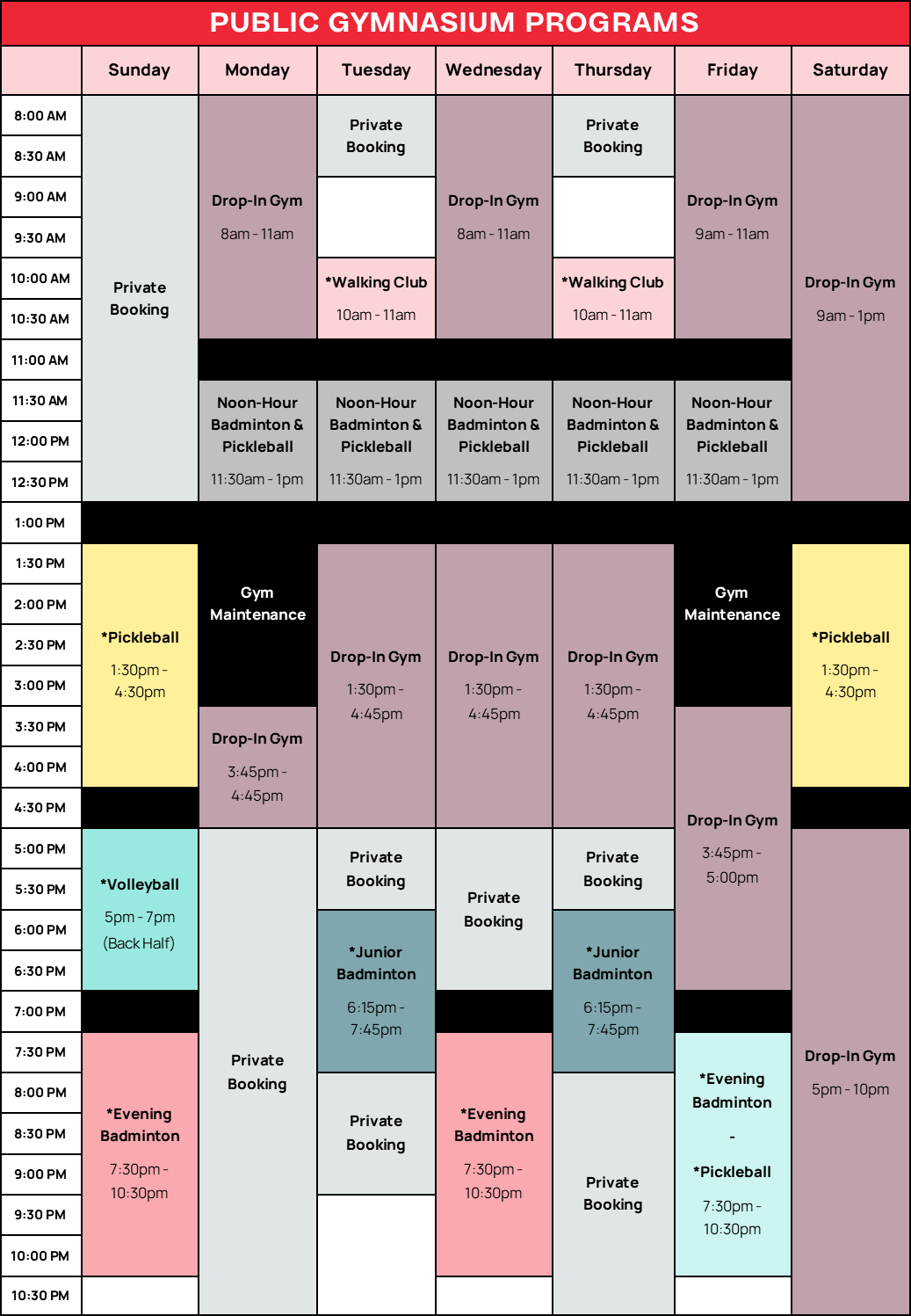 Fall 2026 Gymnasium Schedule