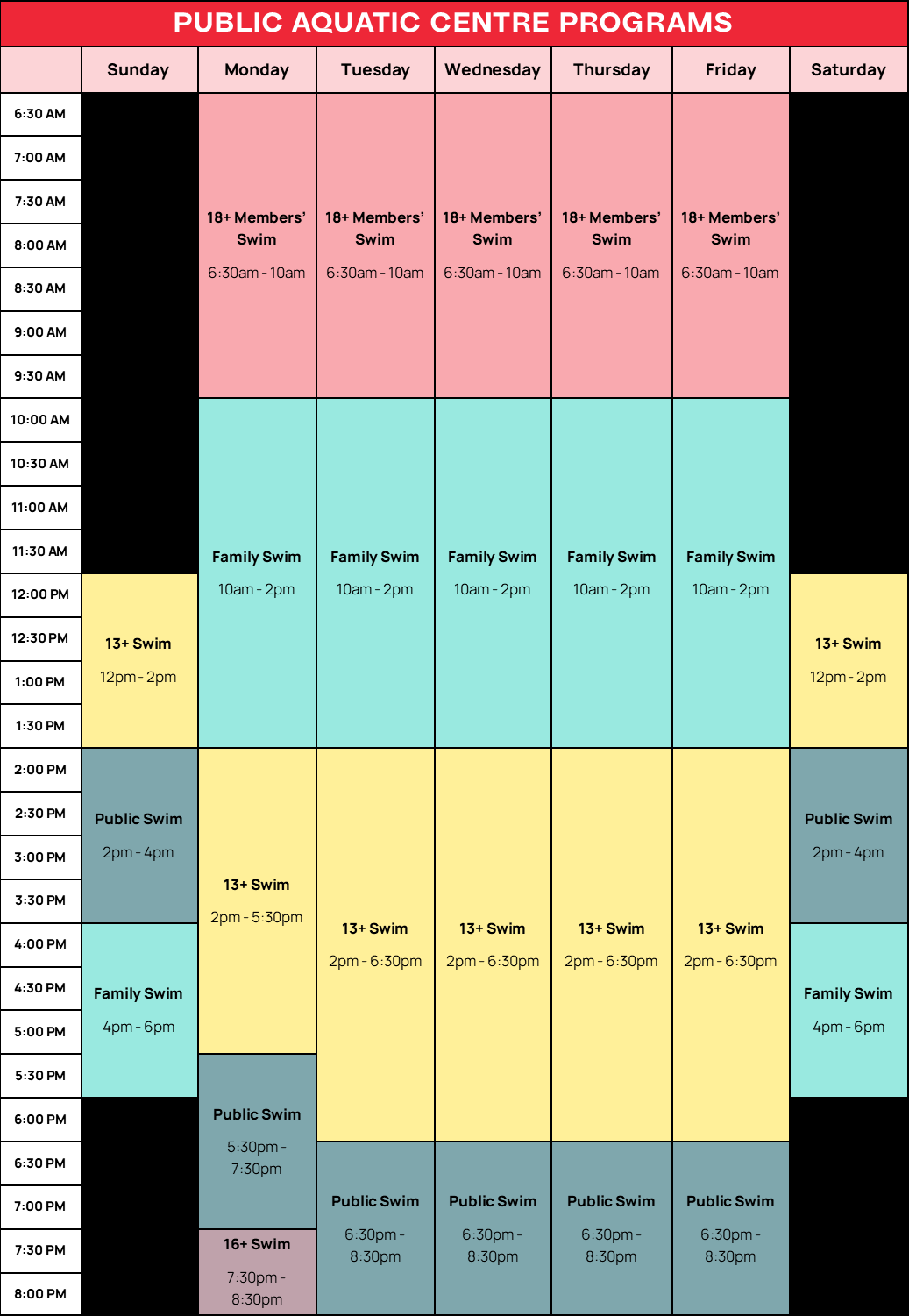 Fall 2026 Pool Schedule